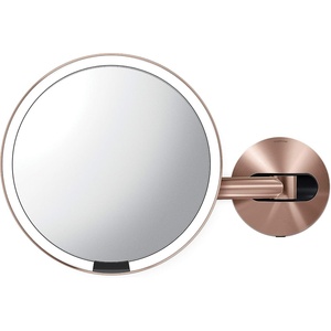 simplehuman Sensor Mirror, Wall Mount Makeup Mirror with Light, 8″ Round Lighted with Magnification (5X), Hard Wired, Swing Arm, Brass Stainless Steel(Rose Gold)