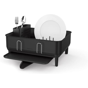 simplehuman Steel Frame Dishrack, Compact Dish Drying Rack for Small Kitchens, 360º Easy Drain Swivel Spout, Anti-Residue Coating, Moisture Control Surface, White(Matte Black)