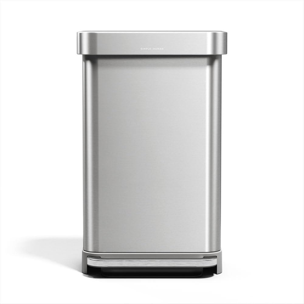image:imagesimplehuman Rectangular Step Can 45L 12 Gallon Kitchen Trash Can Liner Rim System Liner Pocket 150000Step Pedal Lid Shox Silent Close Brushed Stainless Steel with Grey Plastic LidBrushed Stainless Steel with Plastic Lid