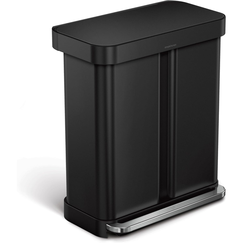 image:imagesimplehuman Step Recycler 58L  153 Gallon Dual Compartment Kitchen Trash Can 150000Step Pedal Lid Shox Technology Liner Rim System Liner Pocket Brushed Stainless Steel with Plastic LidMatte Black with Steel Lid