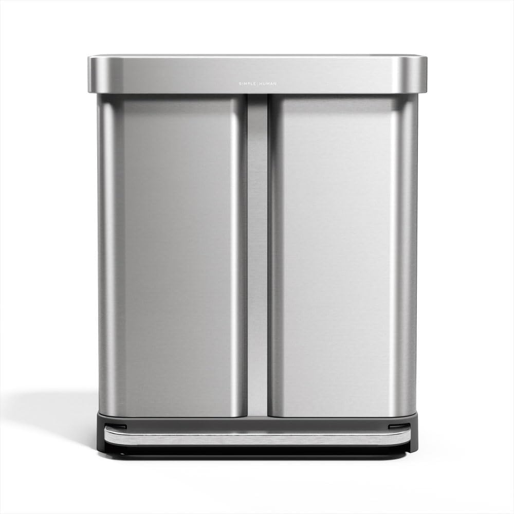 image:imagesimplehuman Step Recycler 58L  153 Gallon Dual Compartment Kitchen Trash Can 150000Step Pedal Lid Shox Technology Liner Rim System Liner Pocket Brushed Stainless Steel with Plastic LidBrushed Stainless Steel with Plastic Lid