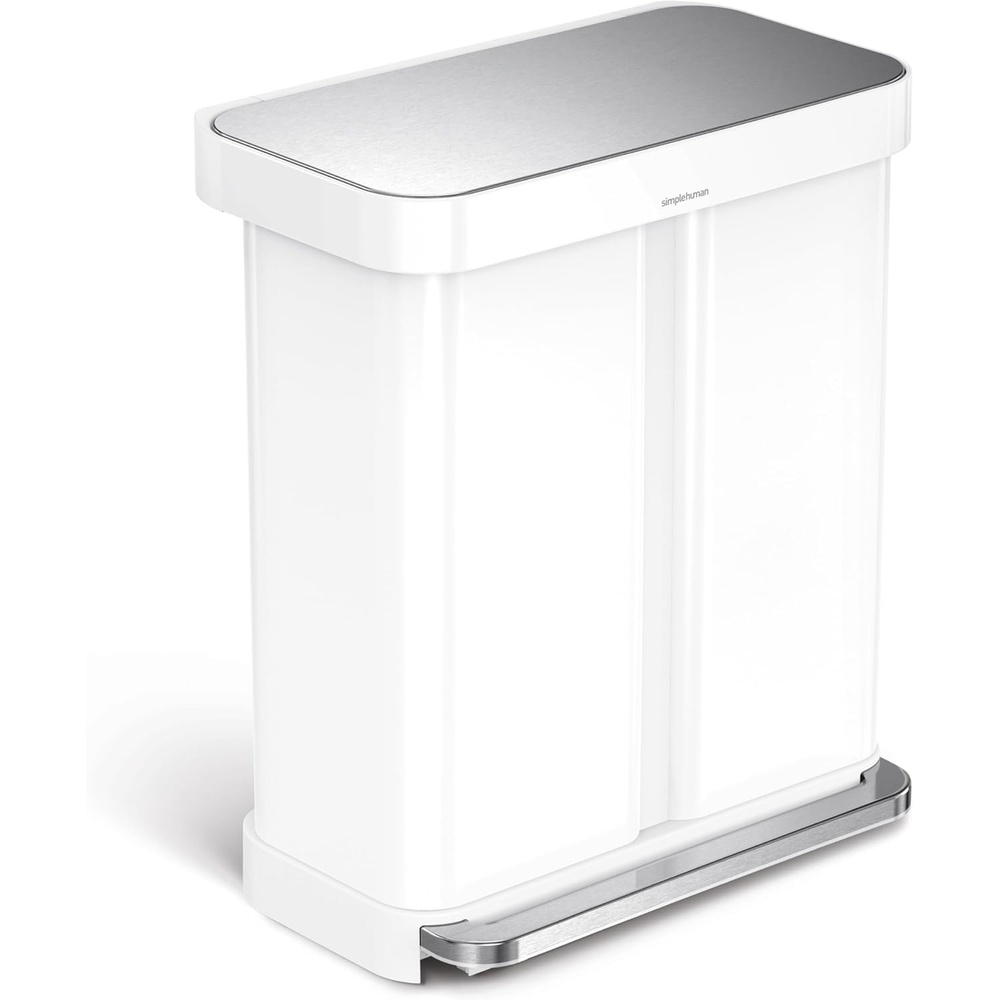 image:imagesimplehuman Step Recycler 58L  153 Gallon Dual Compartment Kitchen Trash Can 150000Step Pedal Lid Shox Technology Liner Rim System Liner Pocket Brushed Stainless Steel with Plastic LidWhite Stainless Steel