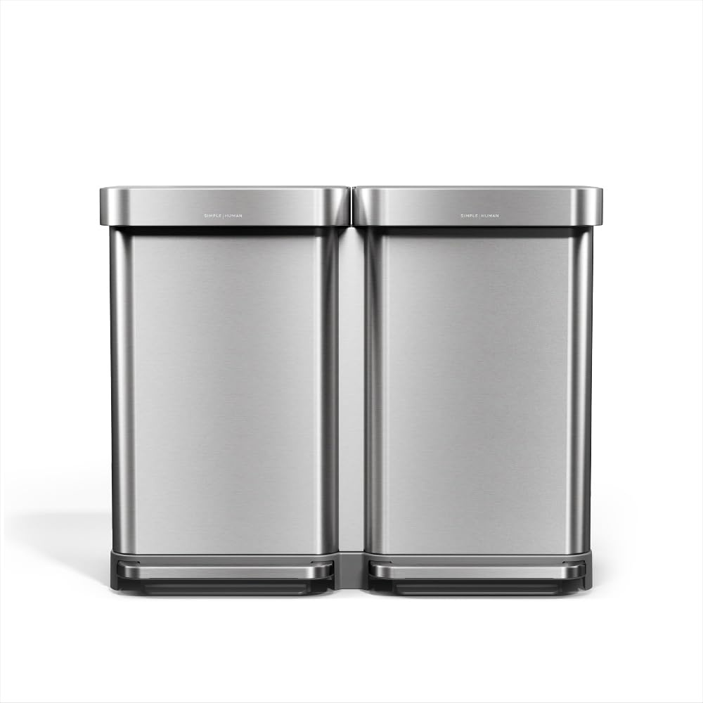 image:imagesimplehuman Step Recycler 90L 238 Gallon Dual Compartment Kitchen Trash Can 150000Step Steel Pedal Lid Shox Technology Liner Rim System Liner Pocket Brushed Stainless Steel90L