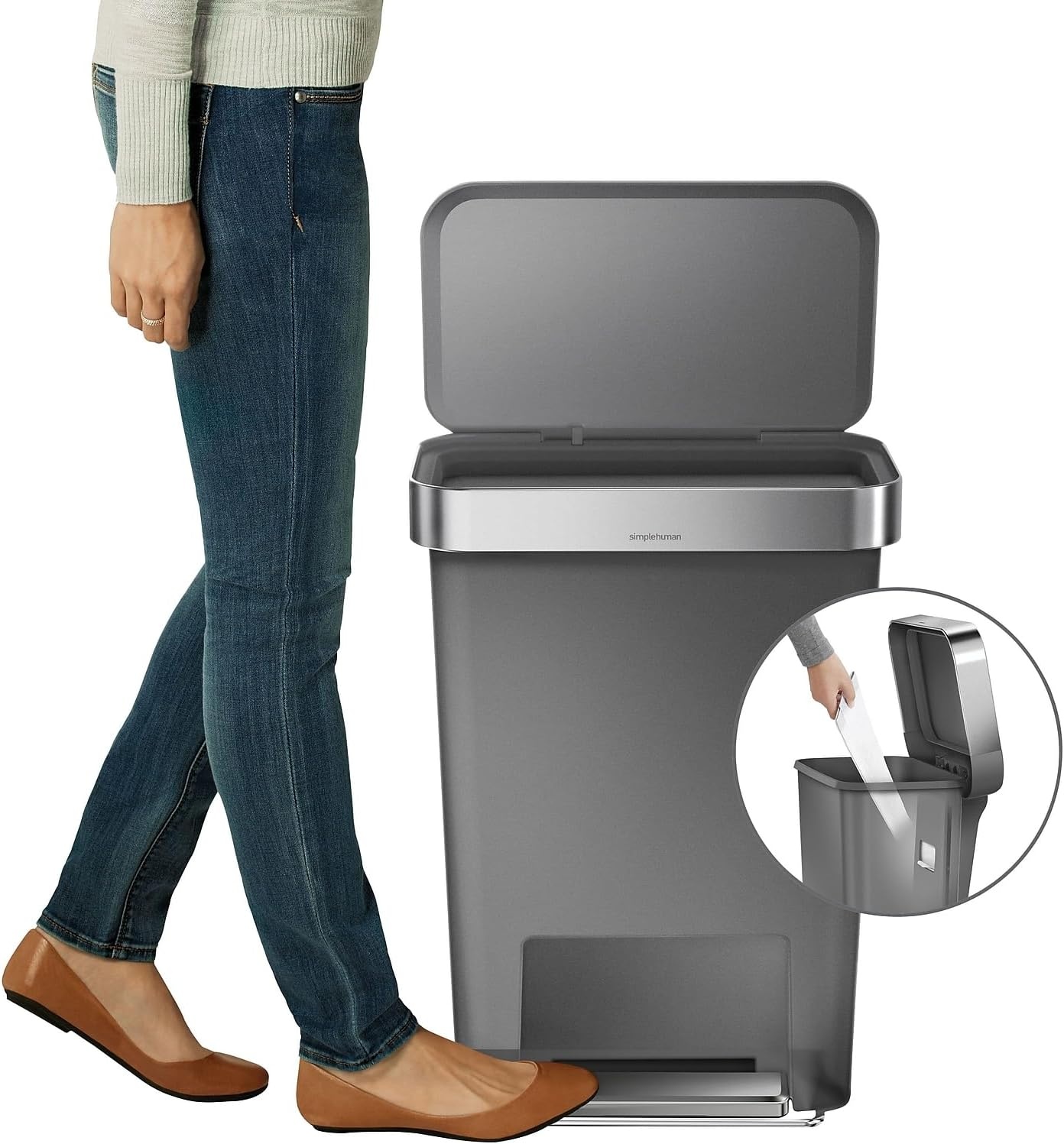image:imagesimplehuman 45 Liter 12 Gallon Rectangular Kitchen Step Trash Can with SoftClose Lid Grey PlasticGray