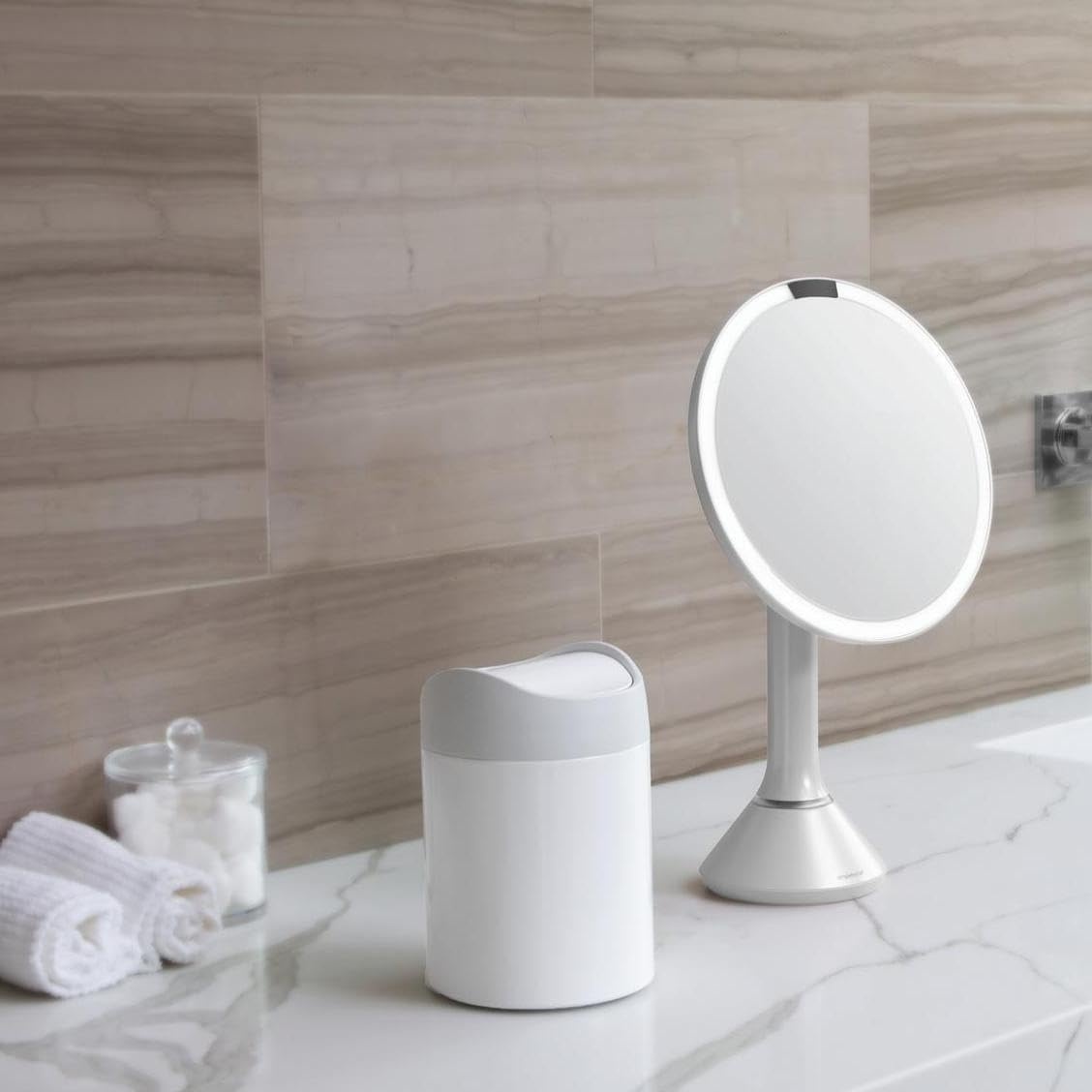 image:imagesimplehuman Mini Countertop Trash Can 15L 04 Gallon Compact Vanity Trash Can Balanced Swing Lid Brushed Stainless SteelWhite Steel