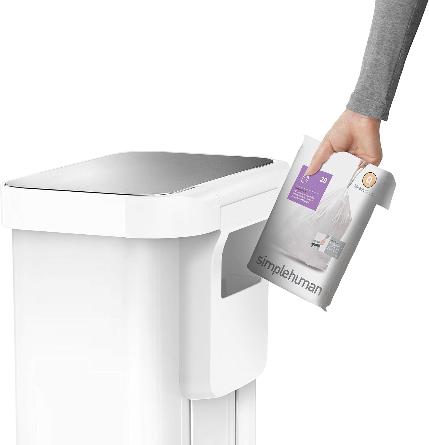 image:imagesimplehuman Rectangular Step Can 45L 12 Gallon Kitchen Trash Can Liner Rim System Liner Pocket 150000Step Pedal Lid Shox Silent Close Brushed Stainless Steel with Grey Plastic LidWhite Stainless Steel with Steel Lid