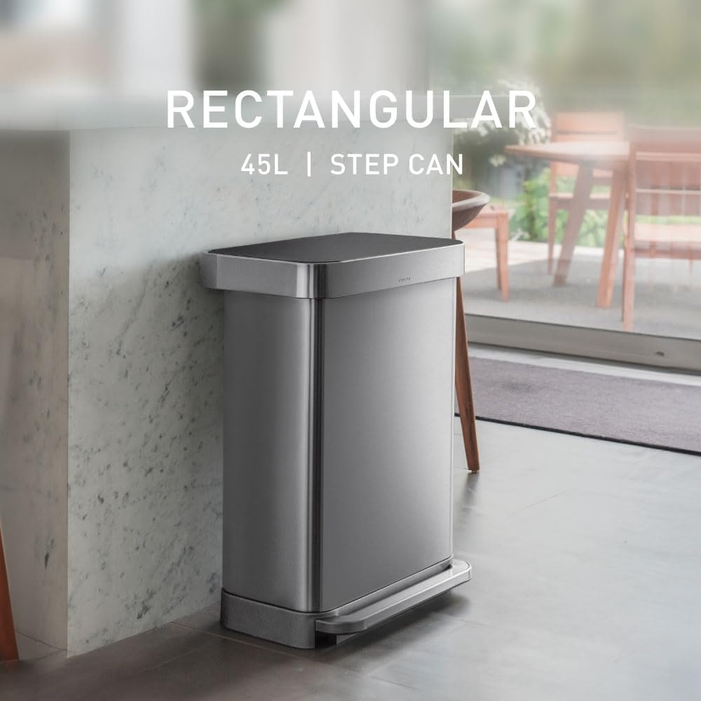 image:imagesimplehuman Rectangular Step Can 45L 12 Gallon Kitchen Trash Can Liner Rim System Liner Pocket 150000Step Pedal Lid Shox Silent Close Brushed Stainless Steel with Grey Plastic LidBrushed Stainless Steel with Plastic Lid