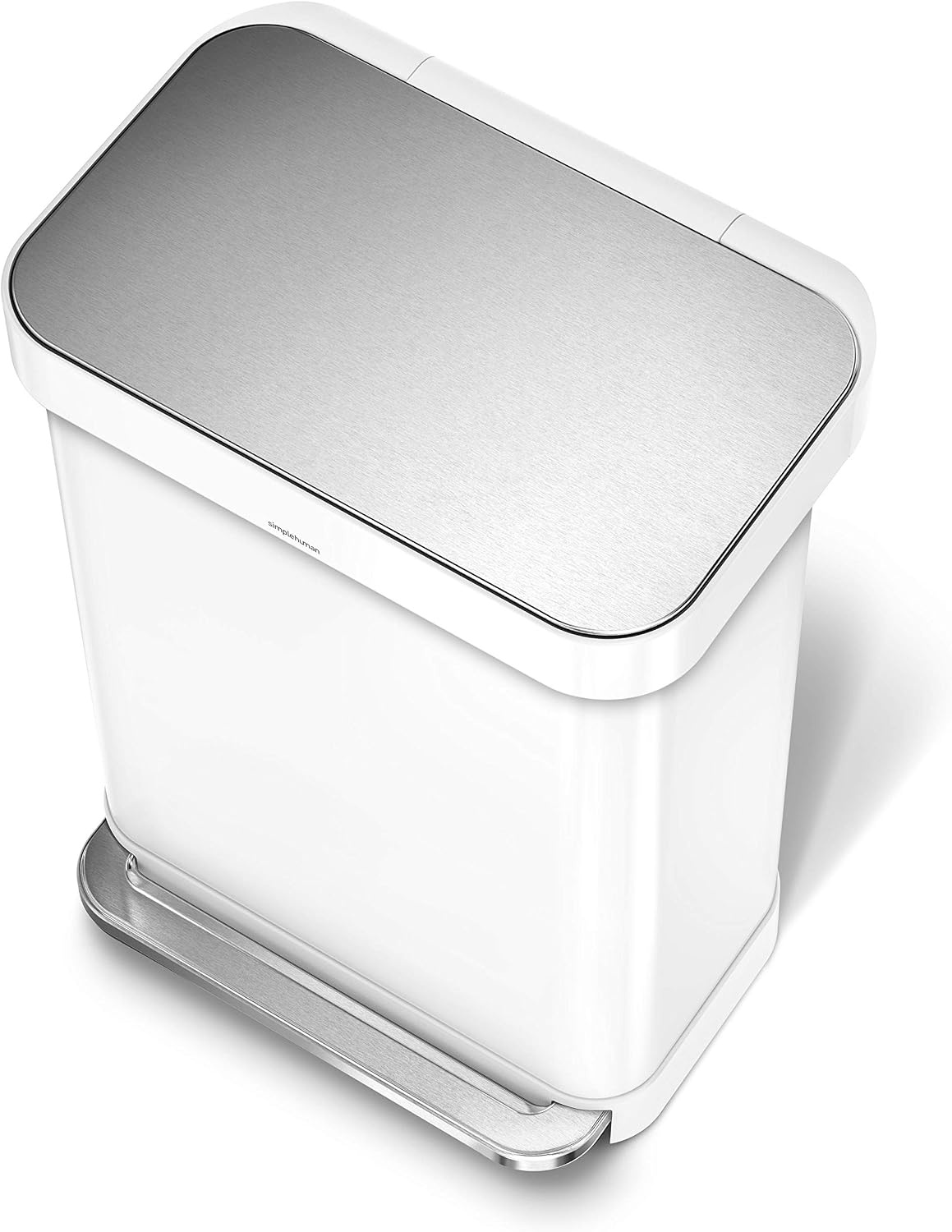 image:imagesimplehuman Rectangular Step Can 45L 12 Gallon Kitchen Trash Can Liner Rim System Liner Pocket 150000Step Pedal Lid Shox Silent Close Brushed Stainless Steel with Grey Plastic LidWhite Stainless Steel with Steel Lid