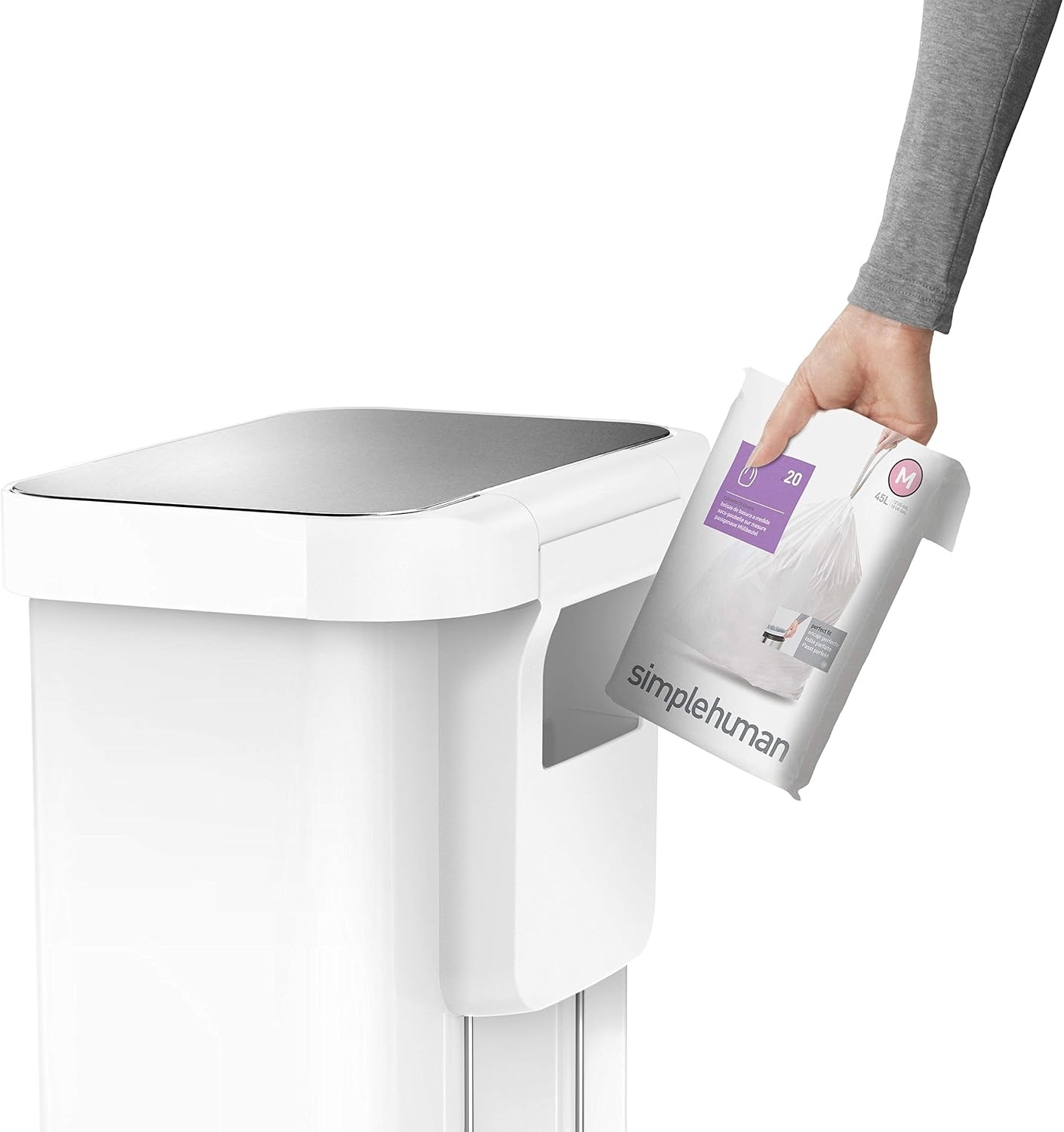 image:imagesimplehuman Rectangular Step Can 45L 12 Gallon Kitchen Trash Can Liner Rim System Liner Pocket 150000Step Pedal Lid Shox Silent Close Brushed Stainless Steel with Grey Plastic LidWhite Stainless Steel with Steel Lid