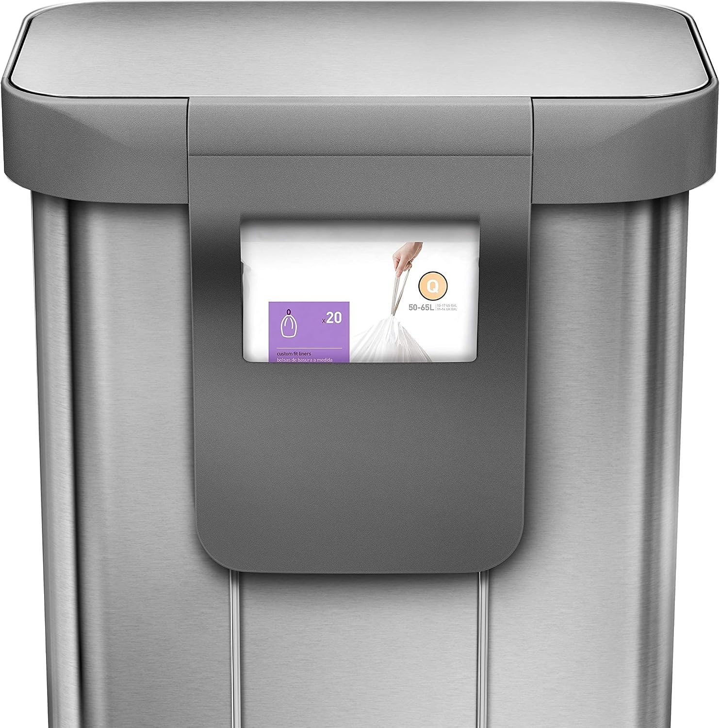image:imagesimplehuman Rectangular Step Can 45L 12 Gallon Kitchen Trash Can Liner Rim System Liner Pocket 150000Step Pedal Lid Shox Silent Close Brushed Stainless Steel with Grey Plastic LidWhite Stainless Steel with Steel Lid