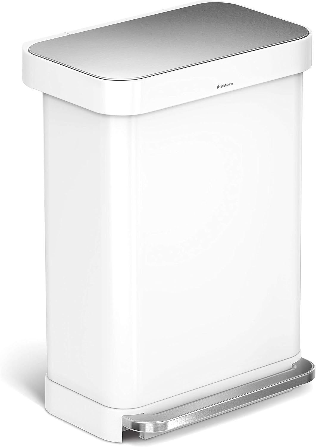 image:imagesimplehuman Rectangular Step Can 45L 12 Gallon Kitchen Trash Can Liner Rim System Liner Pocket 150000Step Pedal Lid Shox Silent Close Brushed Stainless Steel with Grey Plastic LidWhite Stainless Steel with Steel Lid