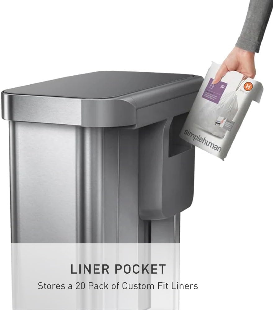 image:imagesimplehuman Rectangular Step Can 45L 12 Gallon Kitchen Trash Can Liner Rim System Liner Pocket 150000Step Pedal Lid Shox Silent Close Brushed Stainless Steel with Grey Plastic LidBrushed Stainless Steel with Plastic Lid