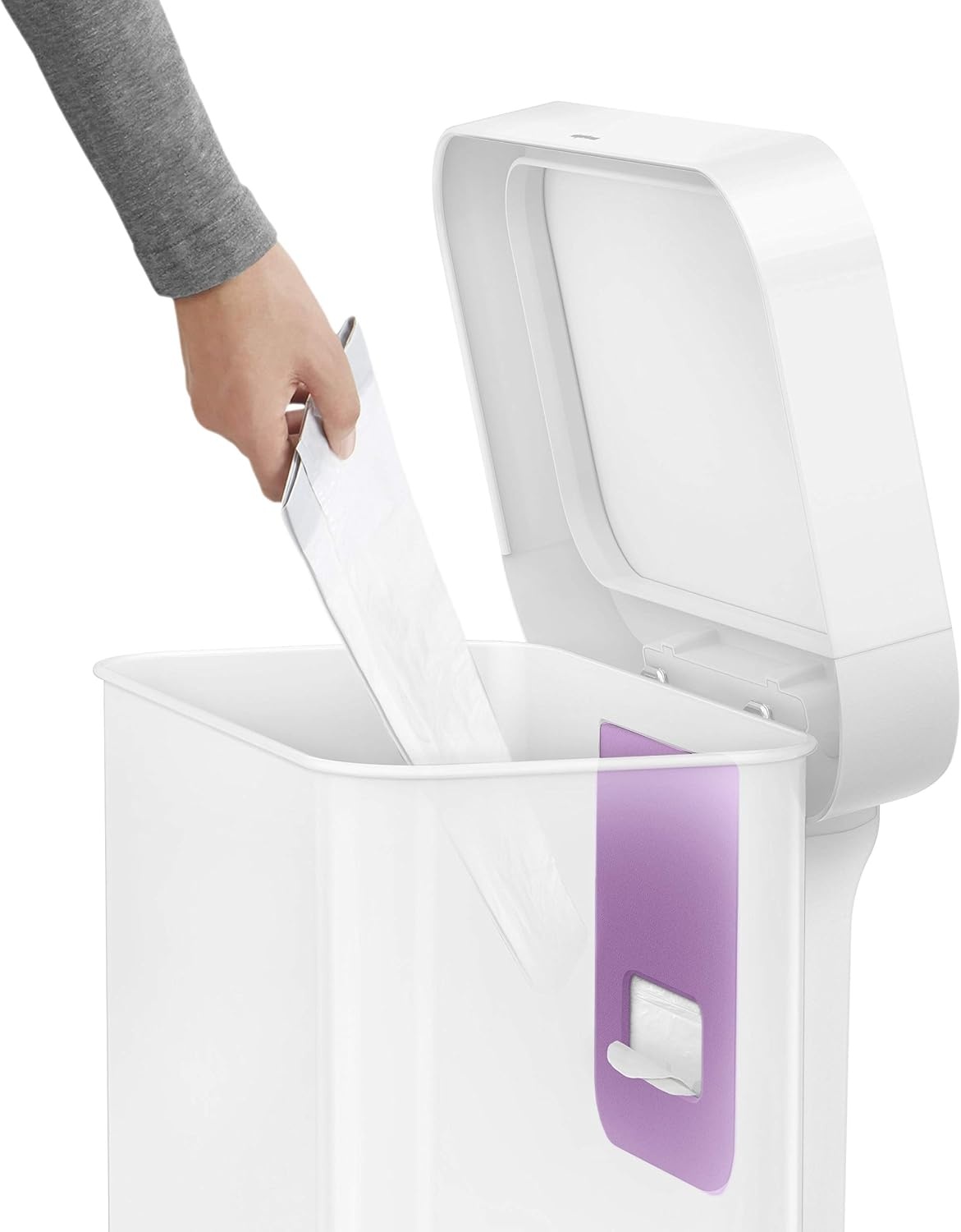 image:imagesimplehuman Rectangular Step Can 45L 12 Gallon Kitchen Trash Can Liner Rim System Liner Pocket 150000Step Pedal Lid Shox Silent Close Brushed Stainless Steel with Grey Plastic LidWhite Stainless Steel with Steel Lid