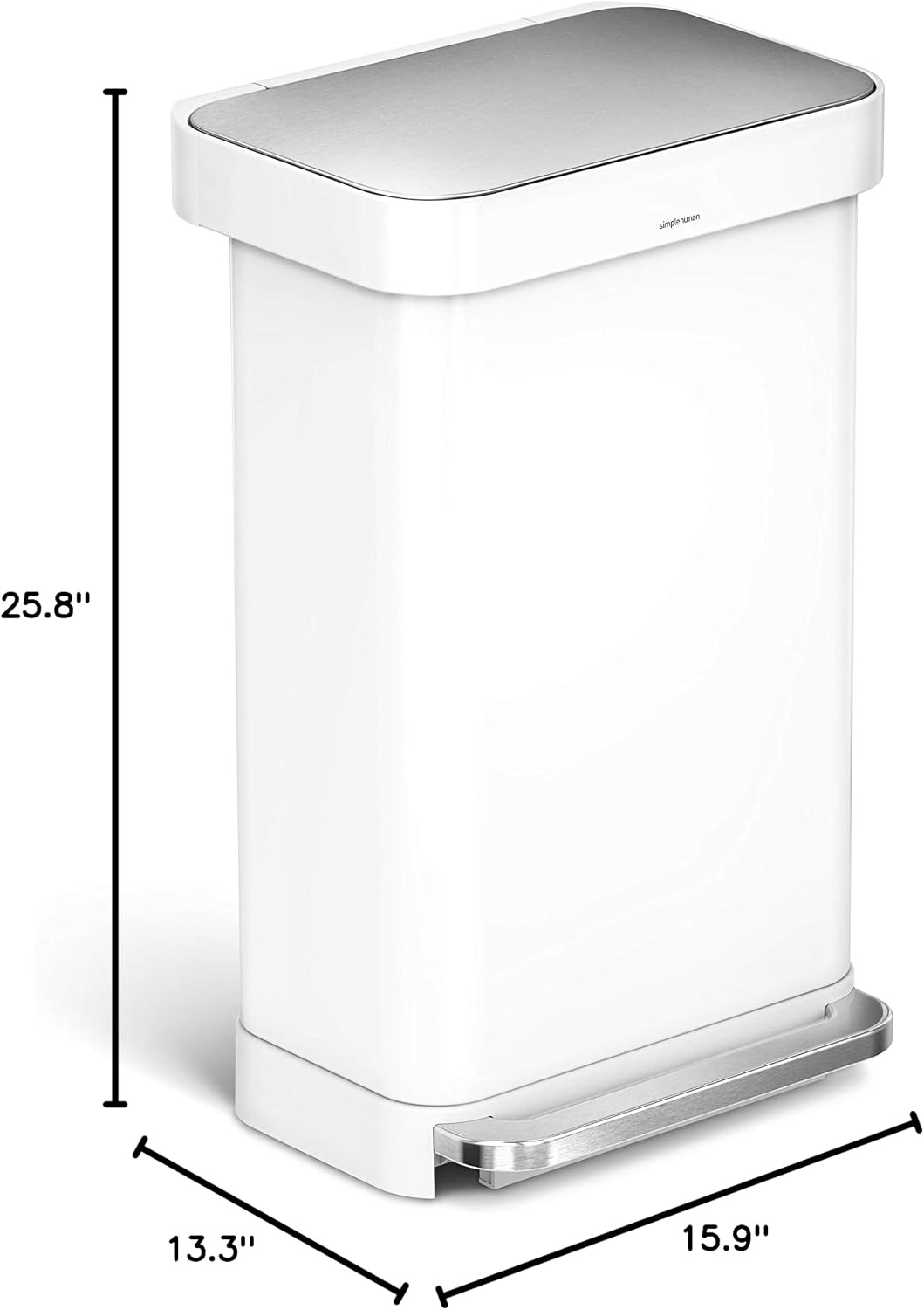 image:imagesimplehuman Rectangular Step Can 45L 12 Gallon Kitchen Trash Can Liner Rim System Liner Pocket 150000Step Pedal Lid Shox Silent Close Brushed Stainless Steel with Grey Plastic LidWhite Stainless Steel with Steel Lid