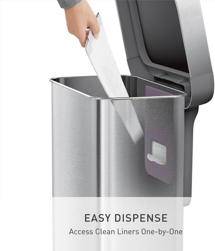 image:imagesimplehuman Rectangular Step Can 45L 12 Gallon Kitchen Trash Can Liner Rim System Liner Pocket 150000Step Pedal Lid Shox Silent Close Brushed Stainless Steel with Grey Plastic LidBrushed Stainless Steel with Plastic Lid