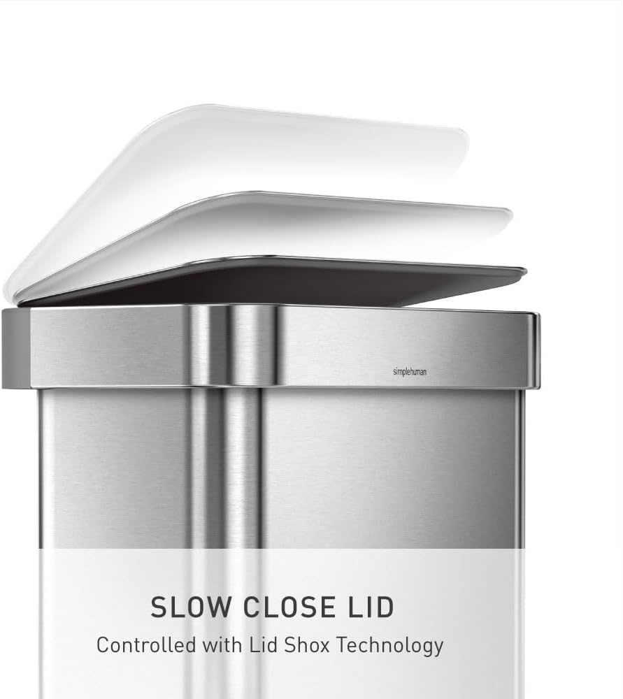 image:imagesimplehuman Rectangular Step Can 45L 12 Gallon Kitchen Trash Can Liner Rim System Liner Pocket 150000Step Pedal Lid Shox Silent Close Brushed Stainless Steel with Grey Plastic LidBrushed Stainless Steel with Plastic Lid