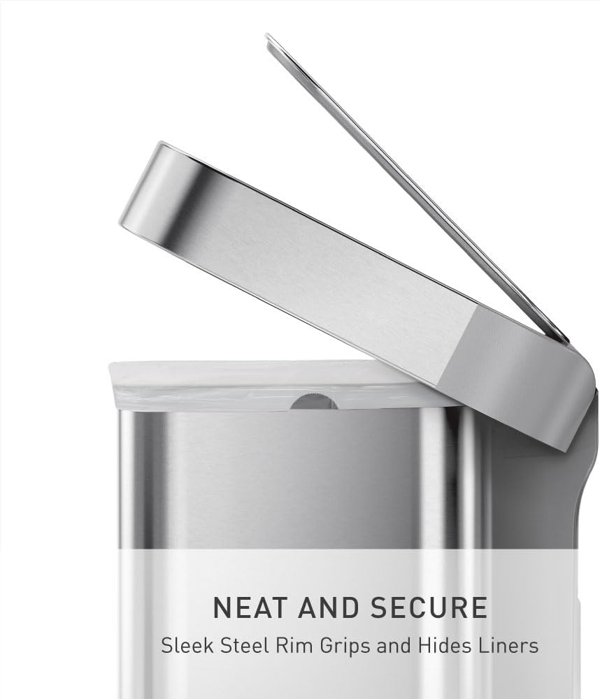 image:imagesimplehuman Rectangular Step Can 45L 12 Gallon Kitchen Trash Can Liner Rim System Liner Pocket 150000Step Pedal Lid Shox Silent Close Brushed Stainless Steel with Grey Plastic LidBrushed Stainless Steel with Plastic Lid