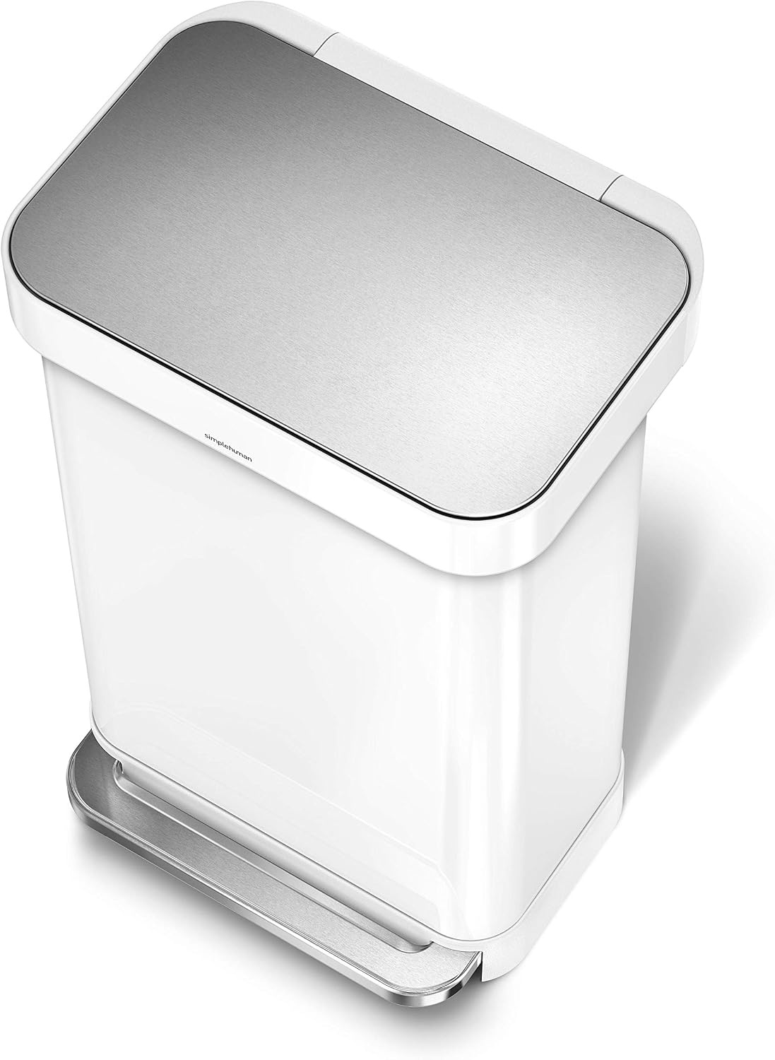 image:imagesimplehuman Rectangular Step Can 45L 12 Gallon Kitchen Trash Can Liner Rim System Liner Pocket 150000Step Pedal Lid Shox Silent Close Brushed Stainless Steel with Grey Plastic LidWhite Stainless Steel with Steel Lid