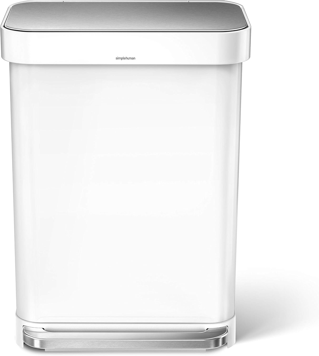 image:imagesimplehuman Rectangular Step Can 45L 12 Gallon Kitchen Trash Can Liner Rim System Liner Pocket 150000Step Pedal Lid Shox Silent Close Brushed Stainless Steel with Grey Plastic LidWhite Stainless Steel with Steel Lid