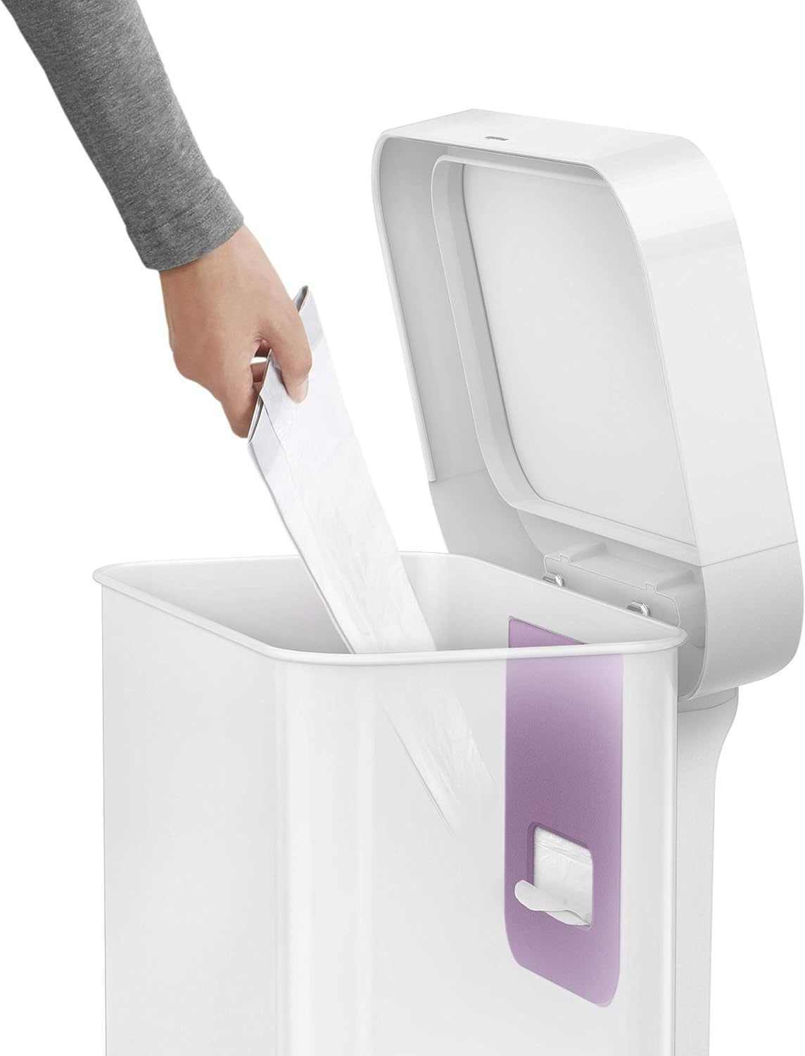 image:imagesimplehuman Rectangular Step Can 45L 12 Gallon Kitchen Trash Can Liner Rim System Liner Pocket 150000Step Pedal Lid Shox Silent Close Brushed Stainless Steel with Grey Plastic LidWhite Stainless Steel with Steel Lid
