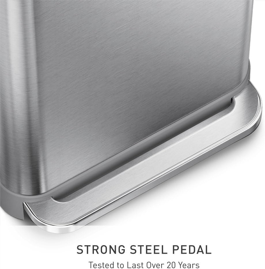 image:imagesimplehuman Rectangular Step Can 45L 12 Gallon Kitchen Trash Can Liner Rim System Liner Pocket 150000Step Pedal Lid Shox Silent Close Brushed Stainless Steel with Grey Plastic LidBrushed Stainless Steel with Plastic Lid