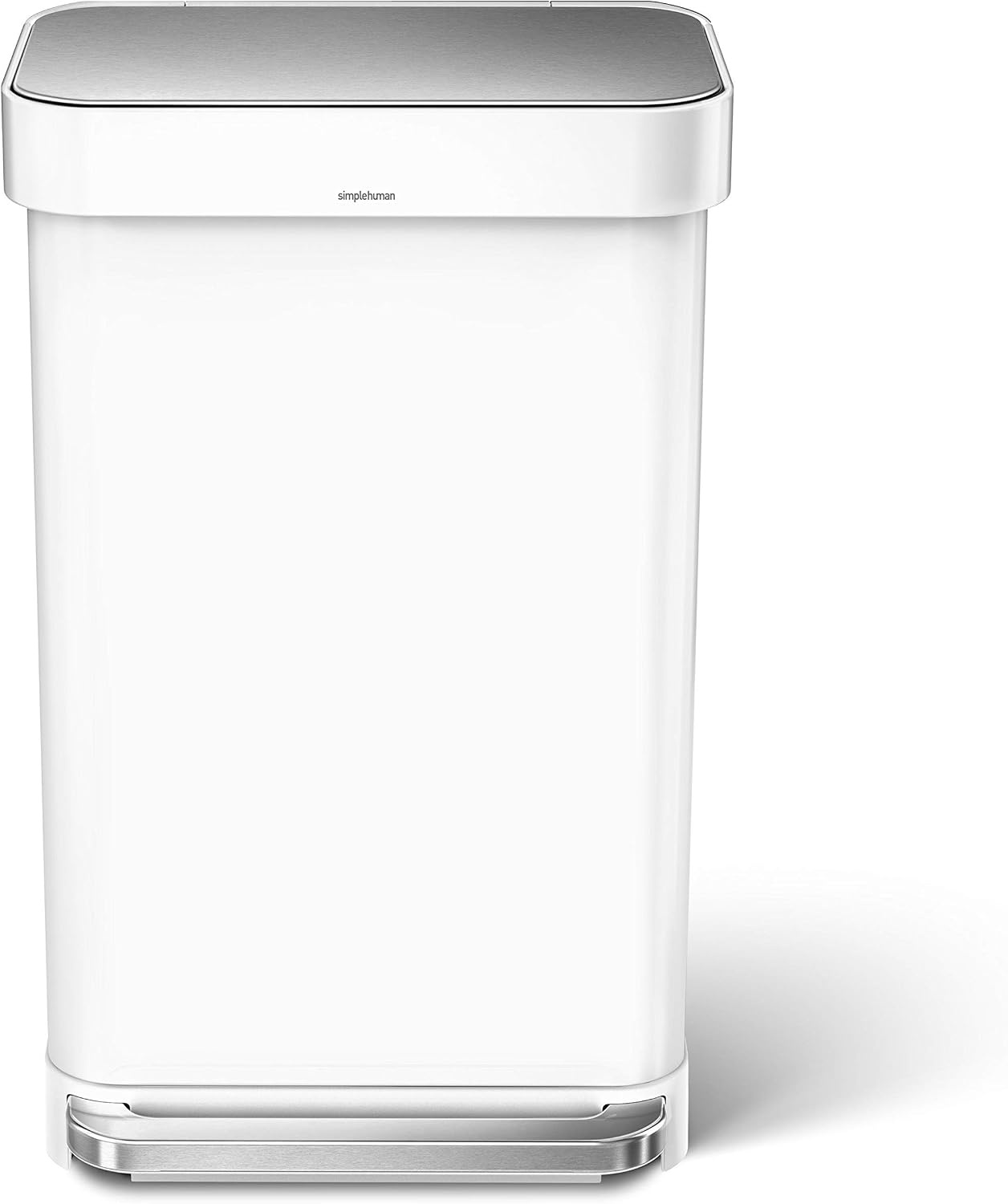 image:imagesimplehuman Rectangular Step Can 45L 12 Gallon Kitchen Trash Can Liner Rim System Liner Pocket 150000Step Pedal Lid Shox Silent Close Brushed Stainless Steel with Grey Plastic LidWhite Stainless Steel with Steel Lid