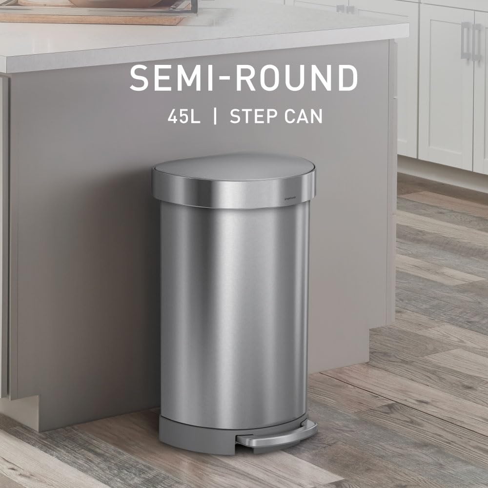 image:imagesimplehuman SemiRound Step Can 60L 159 Gallon LargeCapacity Kitchen Trash Can Liner Rim Liner Pocket 150000Step Pedal Lid Shox Silent Close Brushed Stainless SteelBrushed