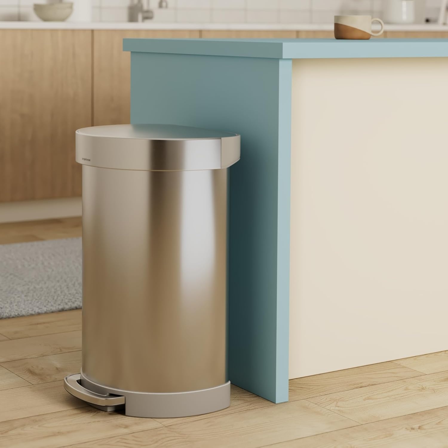 image:imagesimplehuman SemiRound Step Can 60L 159 Gallon LargeCapacity Kitchen Trash Can Liner Rim Liner Pocket 150000Step Pedal Lid Shox Silent Close Brushed Stainless SteelBrushed