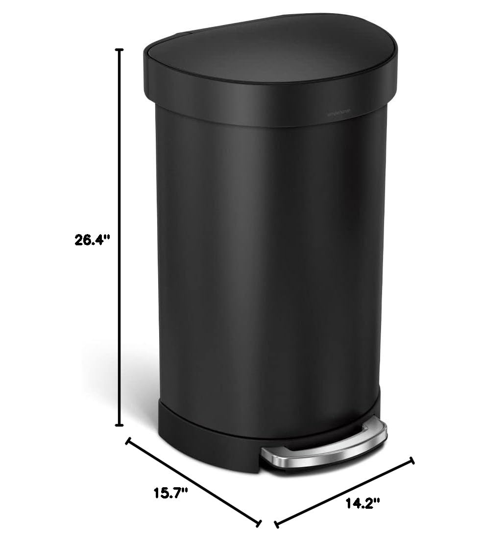 image:imagesimplehuman SemiRound Step Can 60L 159 Gallon LargeCapacity Kitchen Trash Can Liner Rim Liner Pocket 150000Step Pedal Lid Shox Silent Close Brushed Stainless SteelBlack