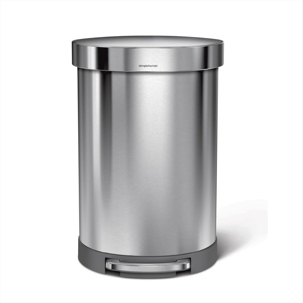 image:imagesimplehuman SemiRound Step Can 60L 159 Gallon LargeCapacity Kitchen Trash Can Liner Rim Liner Pocket 150000Step Pedal Lid Shox Silent Close Brushed Stainless SteelBrushed