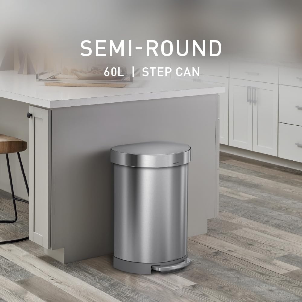 image:imagesimplehuman SemiRound Step Can 60L 159 Gallon LargeCapacity Kitchen Trash Can Liner Rim Liner Pocket 150000Step Pedal Lid Shox Silent Close Brushed Stainless SteelBrushed