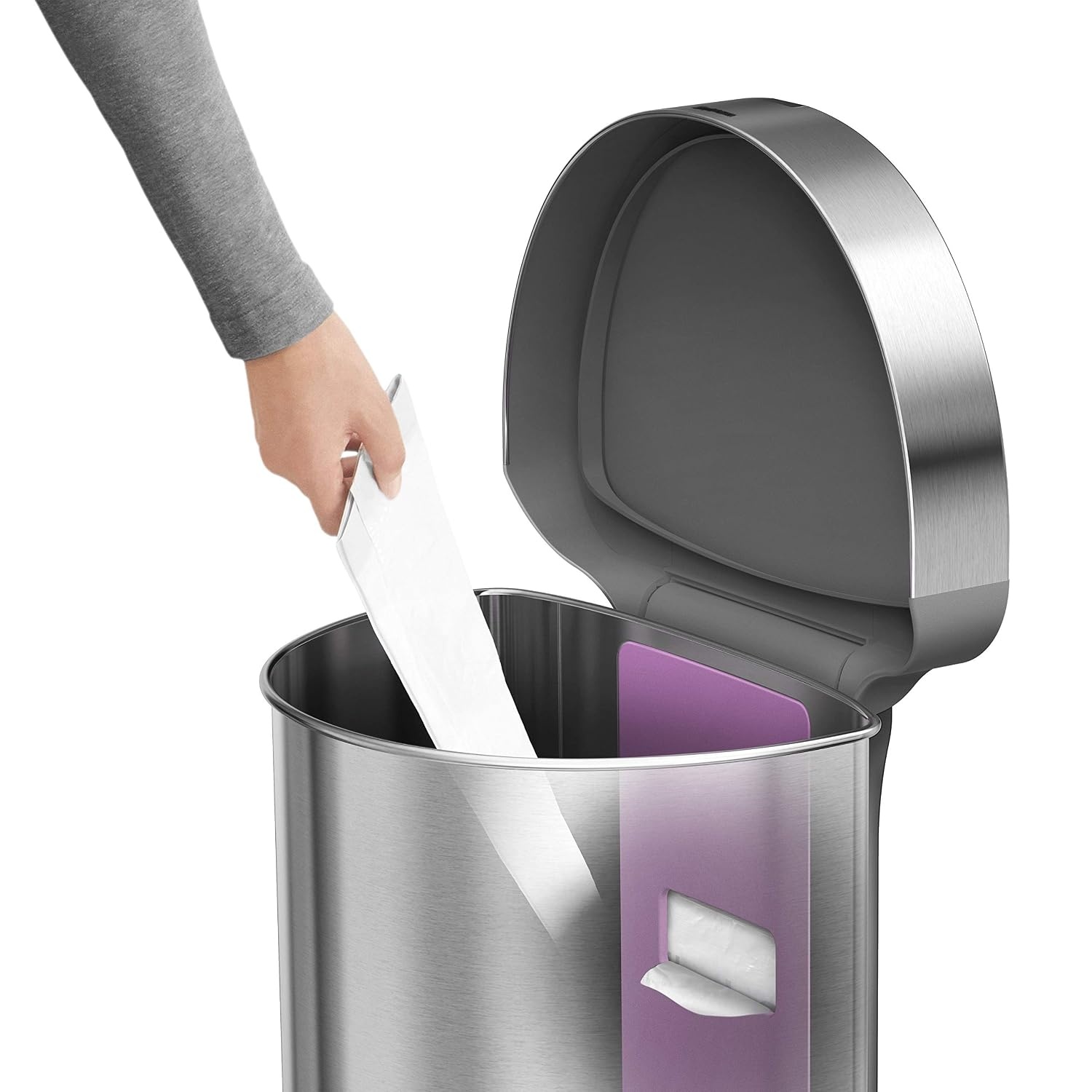 image:imagesimplehuman SemiRound Step Can 60L 159 Gallon LargeCapacity Kitchen Trash Can Liner Rim Liner Pocket 150000Step Pedal Lid Shox Silent Close Brushed Stainless SteelBrushed