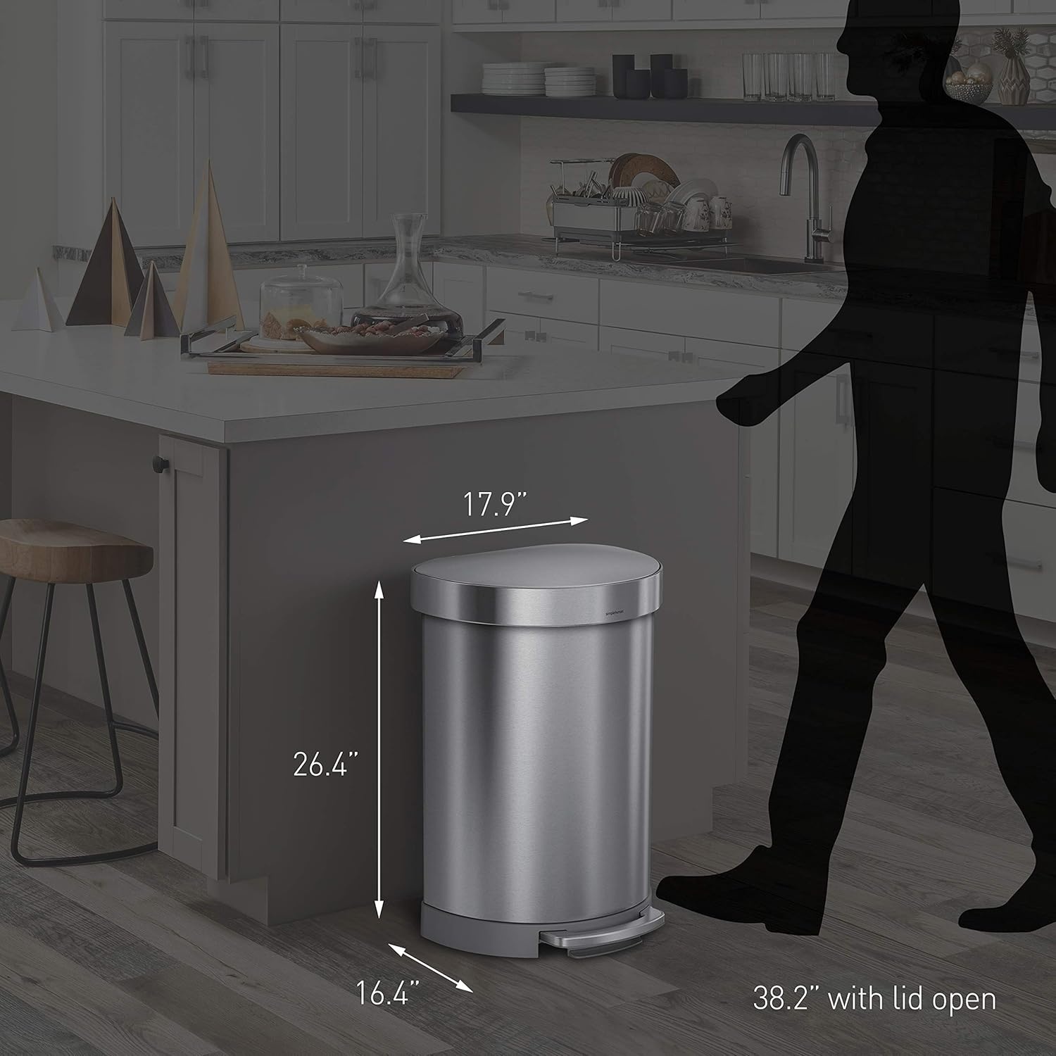 image:imagesimplehuman SemiRound Step Can 60L 159 Gallon LargeCapacity Kitchen Trash Can Liner Rim Liner Pocket 150000Step Pedal Lid Shox Silent Close Brushed Stainless SteelBrushed