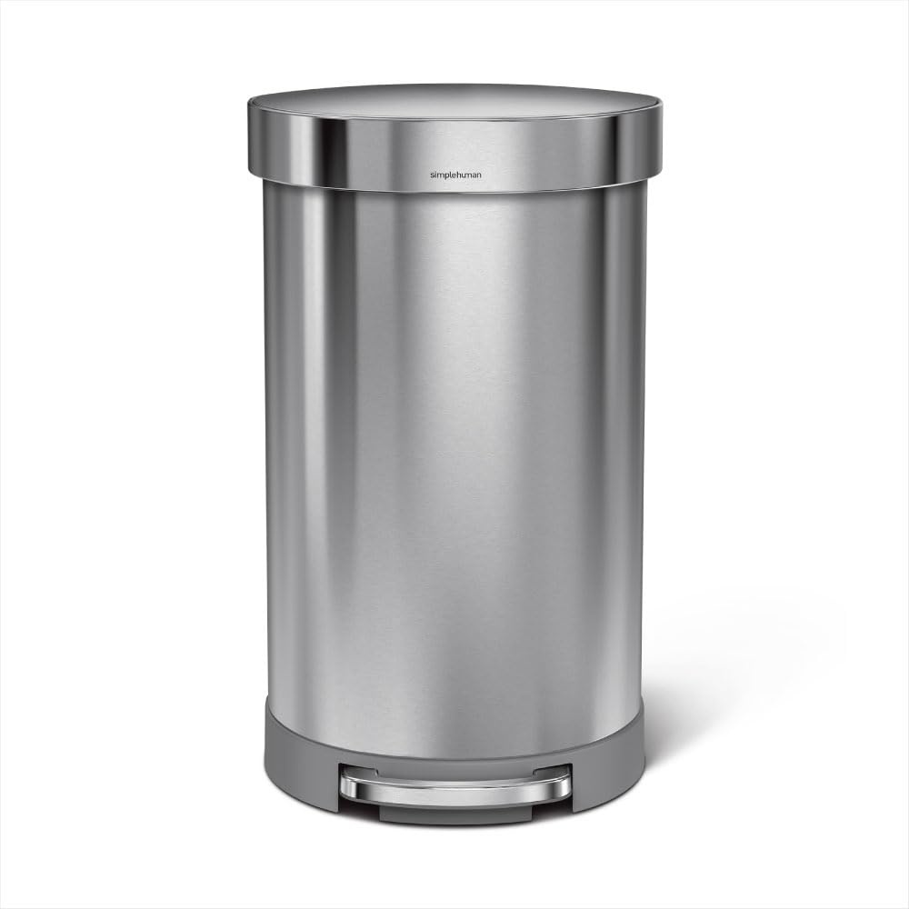 image:imagesimplehuman SemiRound Step Can 60L 159 Gallon LargeCapacity Kitchen Trash Can Liner Rim Liner Pocket 150000Step Pedal Lid Shox Silent Close Brushed Stainless SteelBrushed