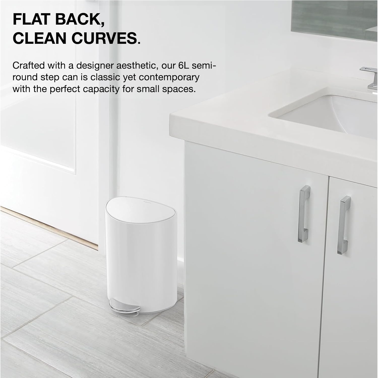 image:imagesimplehuman SemiRound Step Can 6L 16 Gallon Bathroom Trash Can Liner Pocket Sleek Internal Hinge 150000Step Pedal Lid Shox Silent Close White SteelWhite Steel