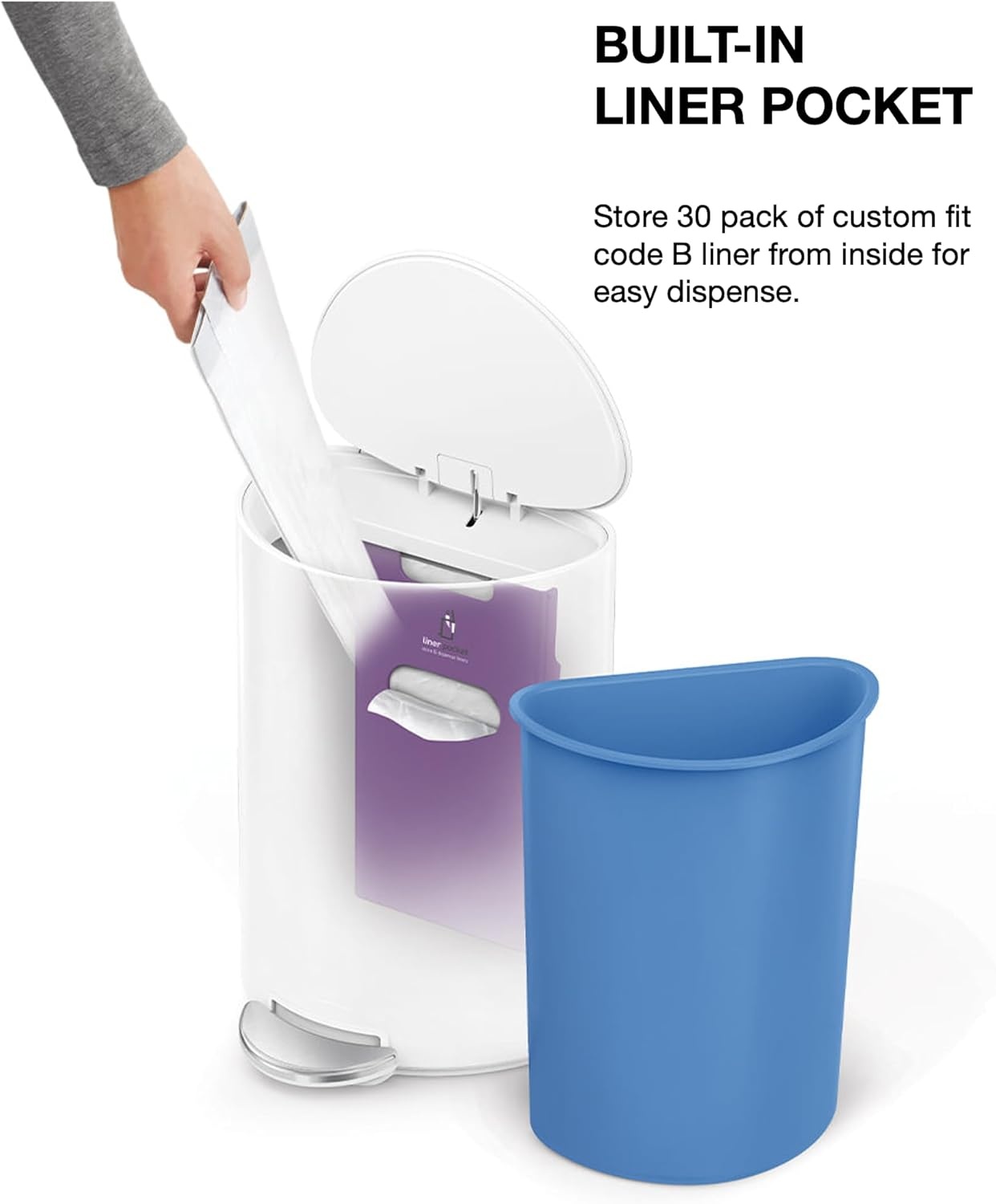 image:imagesimplehuman SemiRound Step Can 6L 16 Gallon Bathroom Trash Can Liner Pocket Sleek Internal Hinge 150000Step Pedal Lid Shox Silent Close White SteelWhite Steel