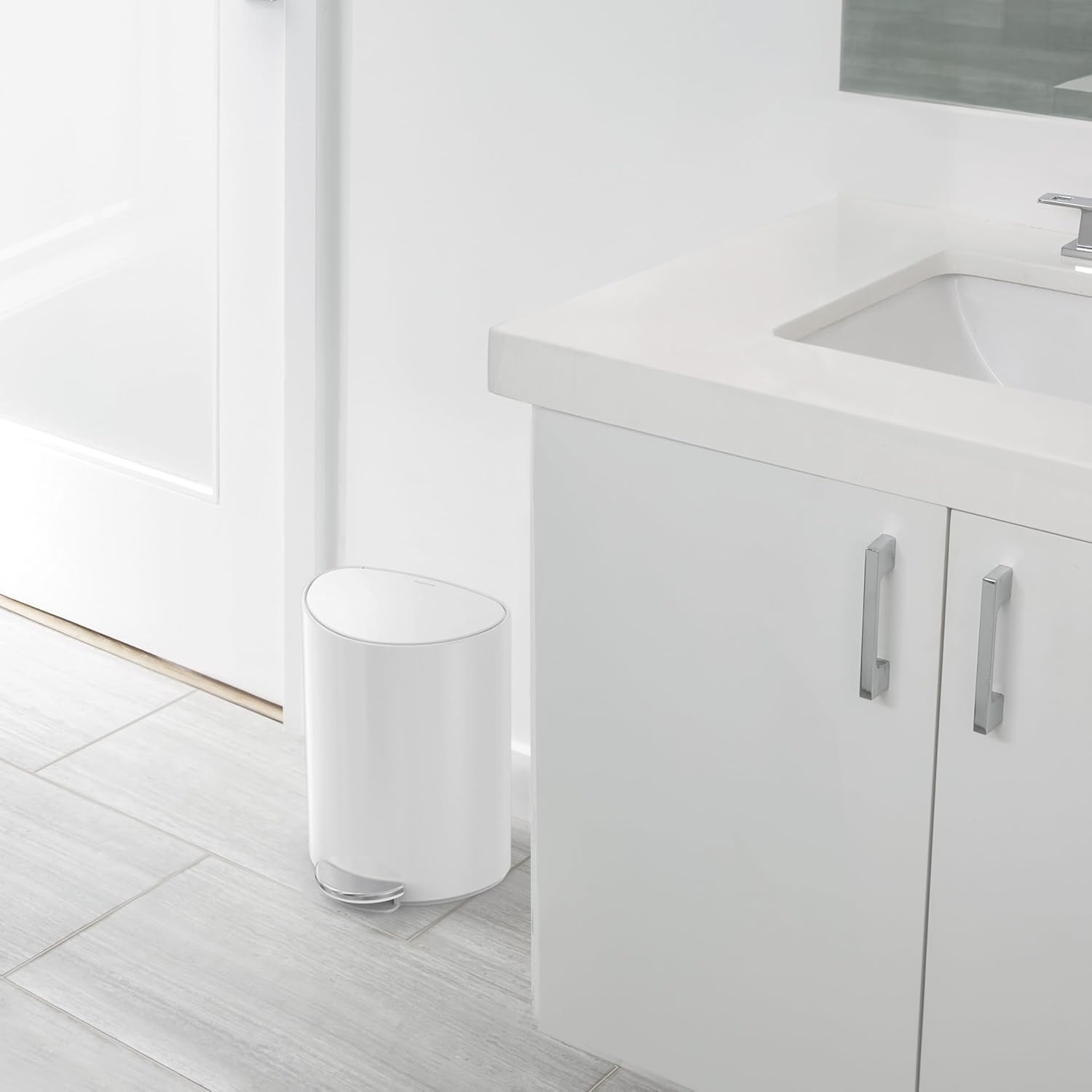 image:imagesimplehuman SemiRound Step Can 6L 16 Gallon Bathroom Trash Can Liner Pocket Sleek Internal Hinge 150000Step Pedal Lid Shox Silent Close White SteelWhite Steel