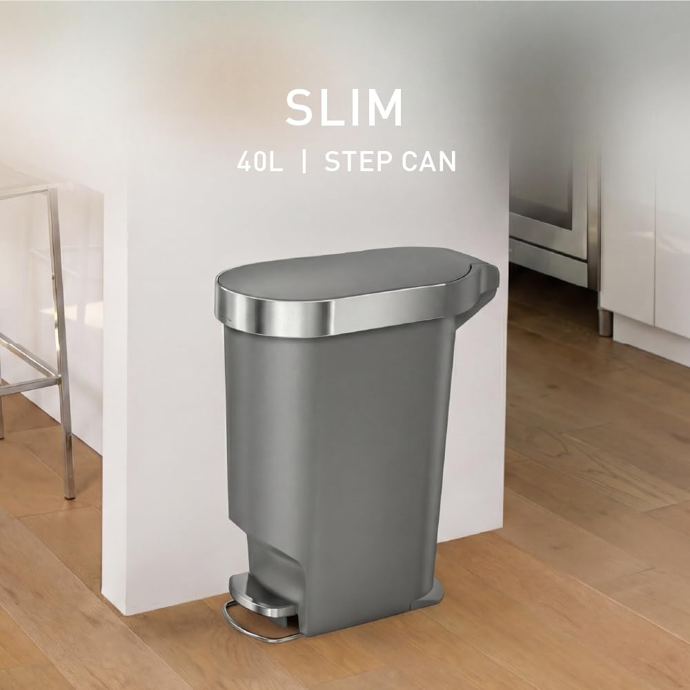 image:imagesimplehuman Slim Step Can 40L 106 Gallon Kitchen Trash Can Stainless Steel Liner Rim 150000Step Pedal Lid Shox Silent Close Grey PlasticGray