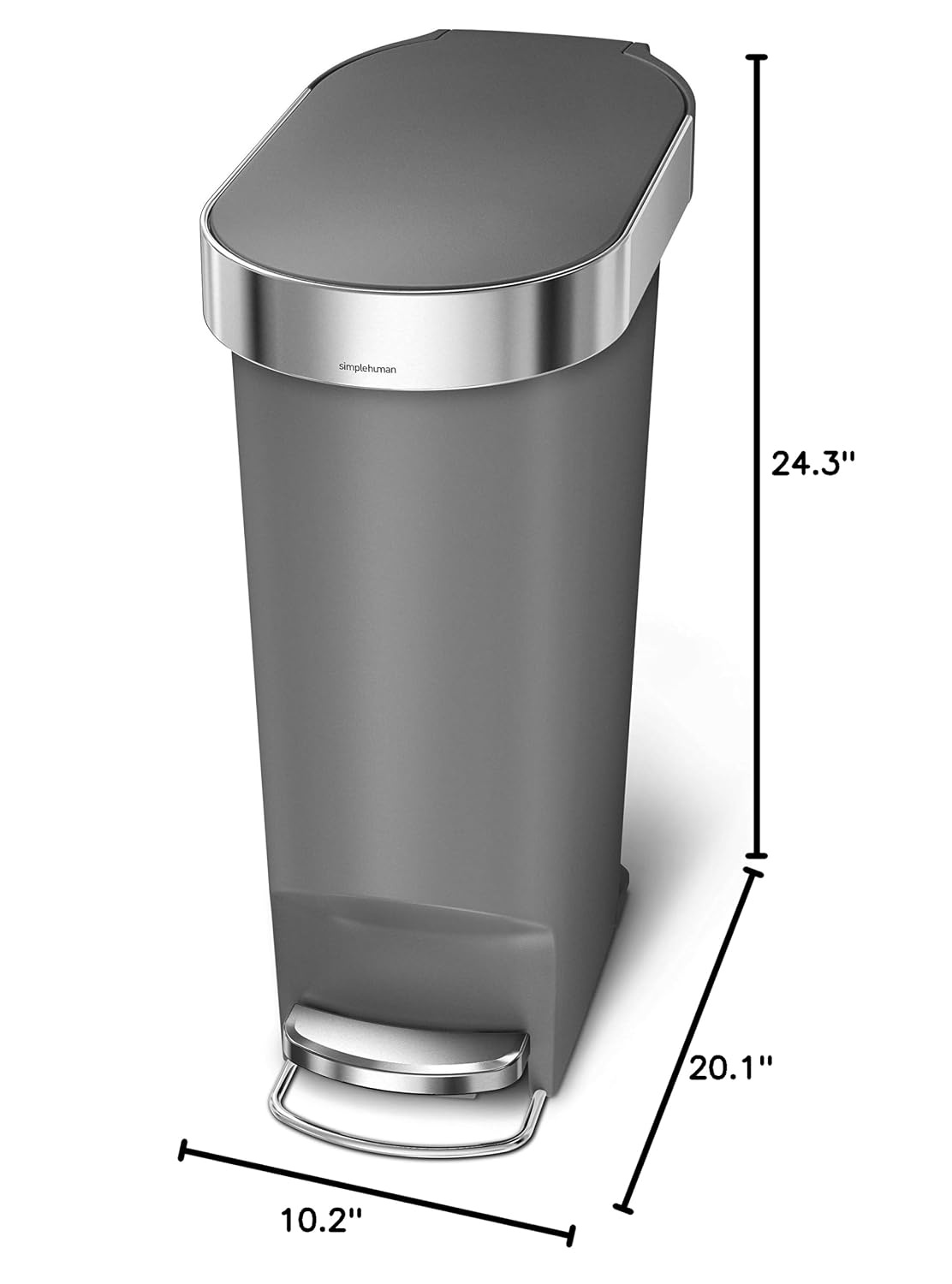 image:imagesimplehuman Slim Step Can 40L 106 Gallon Kitchen Trash Can Stainless Steel Liner Rim 150000Step Pedal Lid Shox Silent Close Grey PlasticGray