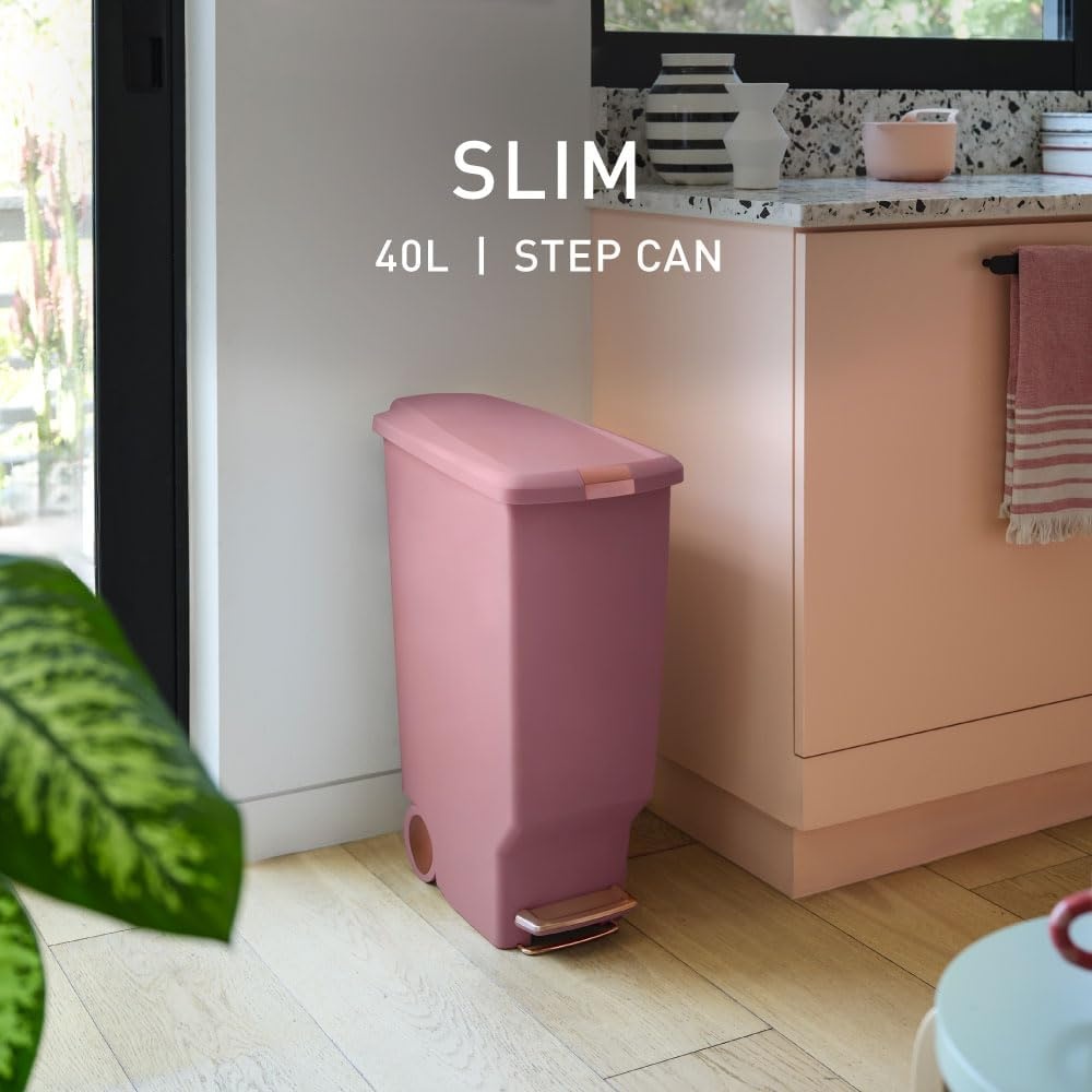 image:imagesimplehuman Slim Step Can 40L 106 Gallon SpaceEfficient Kitchen Trash Can Studio Edition PetProof Slide Lock 150000Step Pedal Wheels Blush PlasticBlush