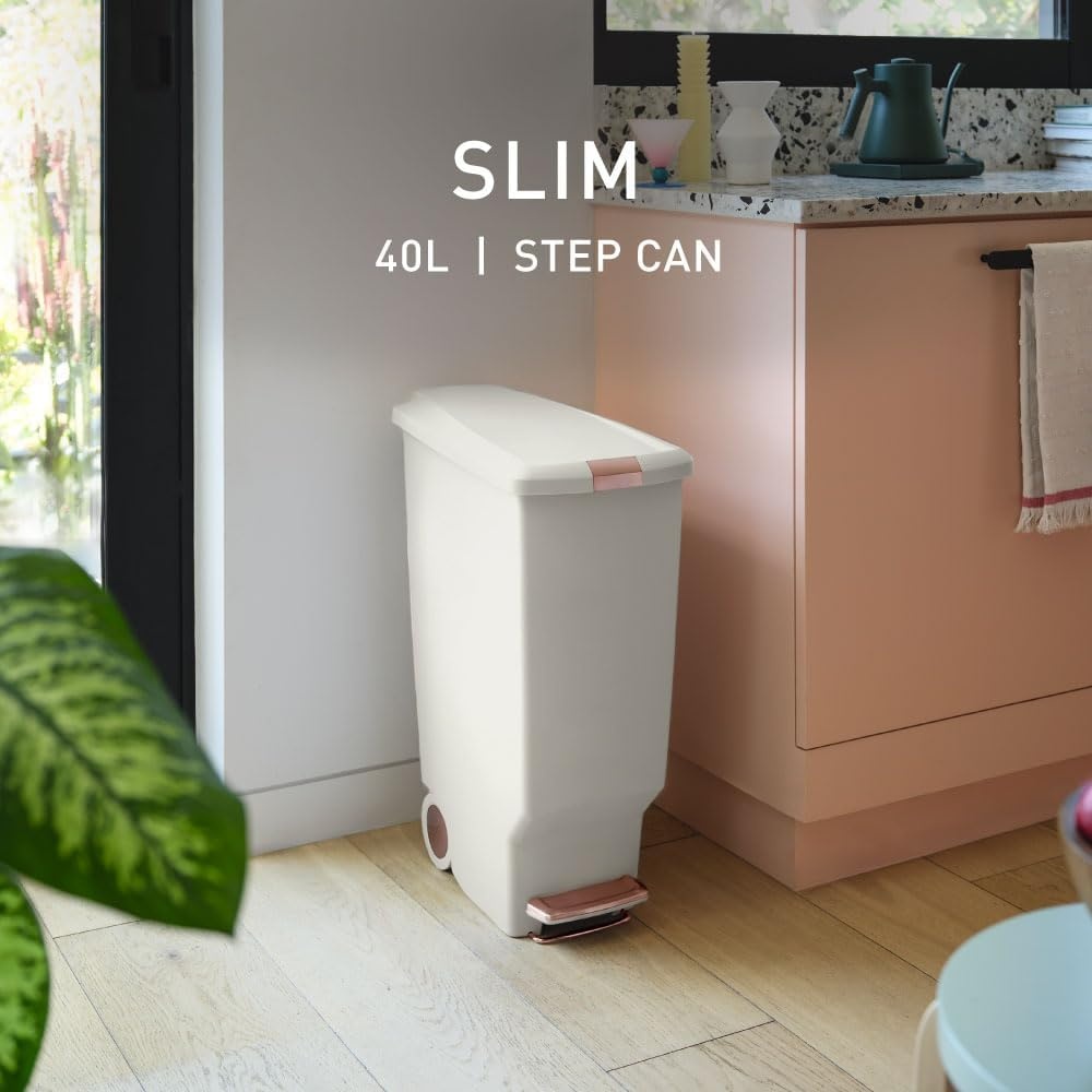 image:imagesimplehuman Slim Step Can 40L 106 Gallon SpaceEfficient Kitchen Trash Can Studio Edition PetProof Slide Lock 150000Step Pedal Wheels Blush PlasticCream