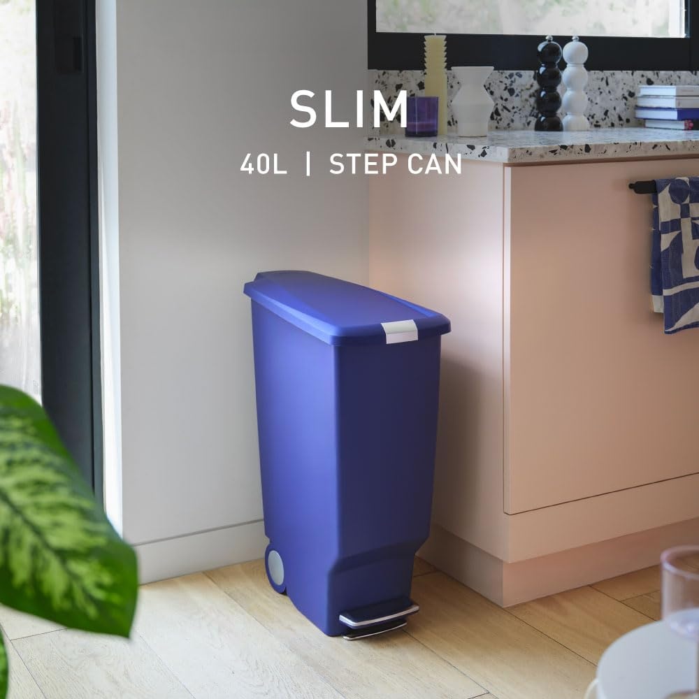 image:imagesimplehuman Slim Step Can 40L 106 Gallon SpaceEfficient Kitchen Trash Can Studio Edition PetProof Slide Lock 150000Step Pedal Wheels Blush PlasticIndigo