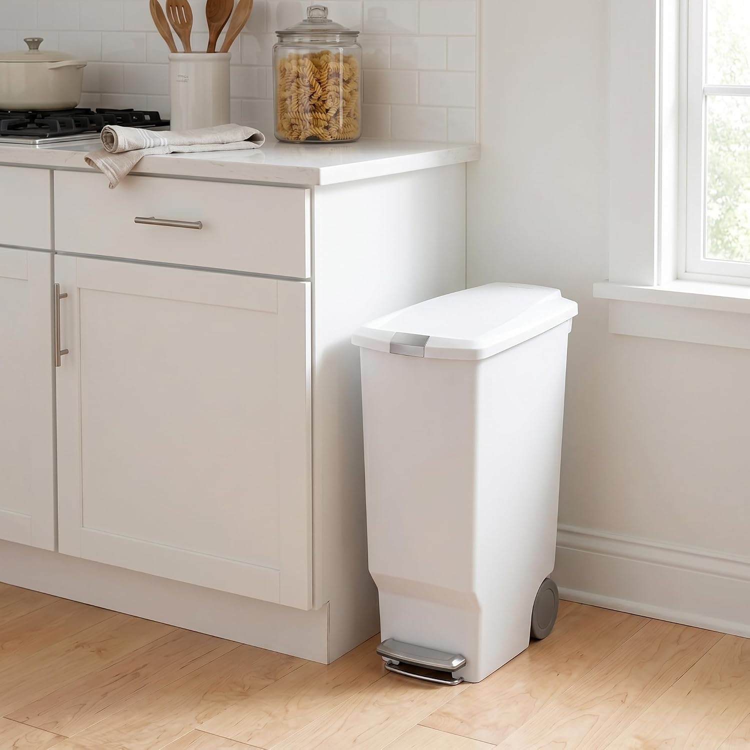 image:imagesimplehuman Slim Step Can 40L 106 Gallon SpaceEfficient Kitchen Trash Can Studio Edition PetProof Slide Lock 150000Step Pedal Wheels Blush PlasticWhite