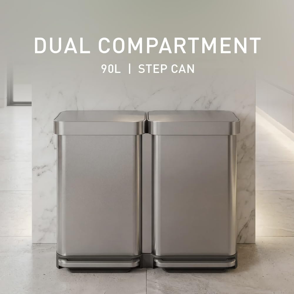 image:imagesimplehuman Step Recycler 90L 238 Gallon Dual Compartment Kitchen Trash Can 150000Step Steel Pedal Lid Shox Technology Liner Rim System Liner Pocket Brushed Stainless Steel90L